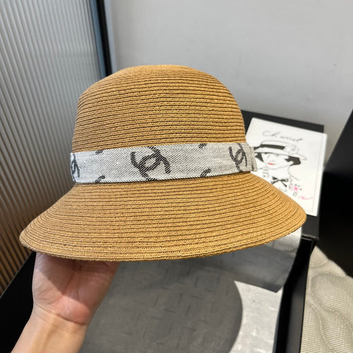 CHANEL STRAW BUCKET HAT IN BROWN WITH RIBBON BOW 673978
