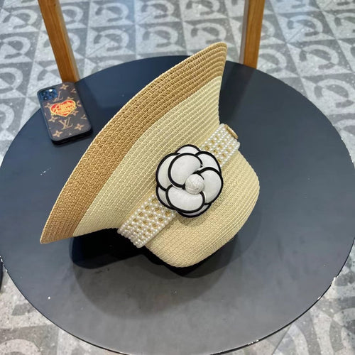 CHANEL STRAW BUCKET HAT WINDSOR GREIGE WITH PEARLS 672763