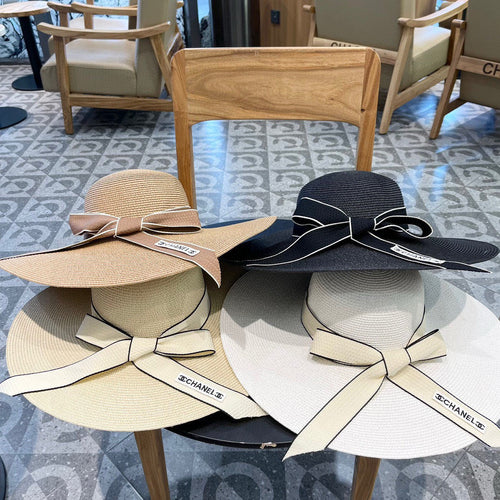 CHANEL WIDE BRIM STRAW HAT WITH BOW BEIGE 672706