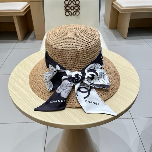 CHANEL NATURAL STRAW BUCKET HAT WITH RIBBON 672773
